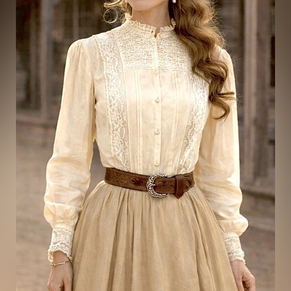 Vintage Ralph Lauren Victorian Silk Ivory Lace Pearl Button Down Top Blouse 10 M